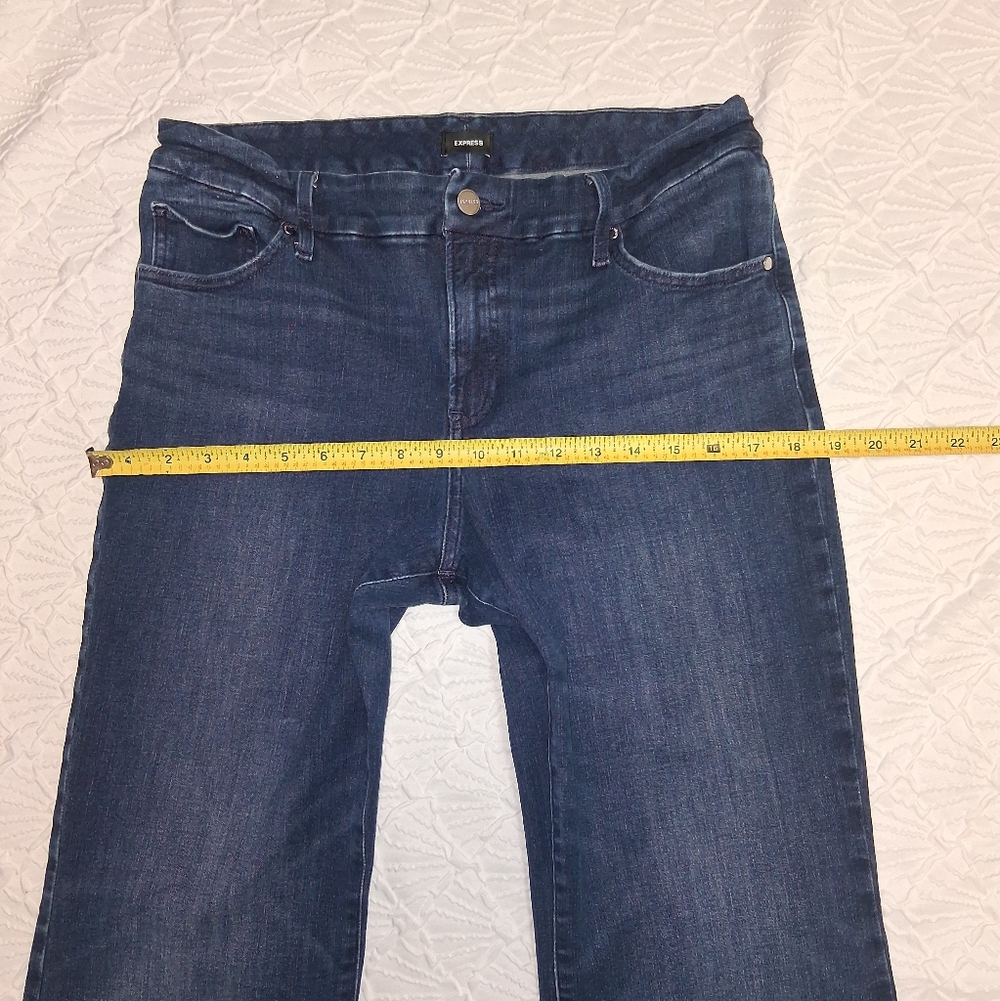 Express Dark Blue Flare Jeans Size L Flare Mio Rise Ultra Hyper Stretch - Picture 11 of 16